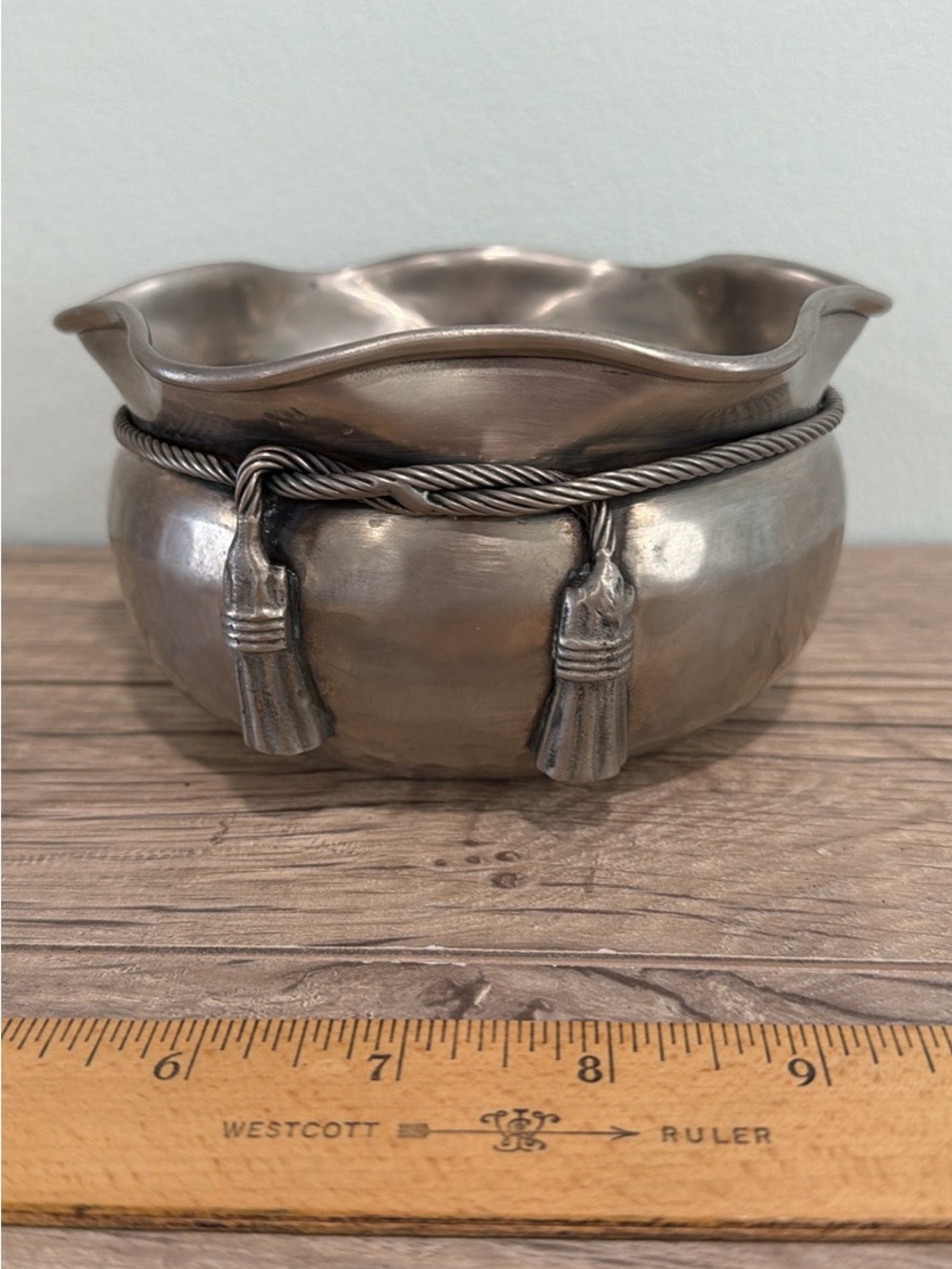 Vntg Silver Washed Brass Peen Bowl Cinch Coin Purse Rope Design Home made India